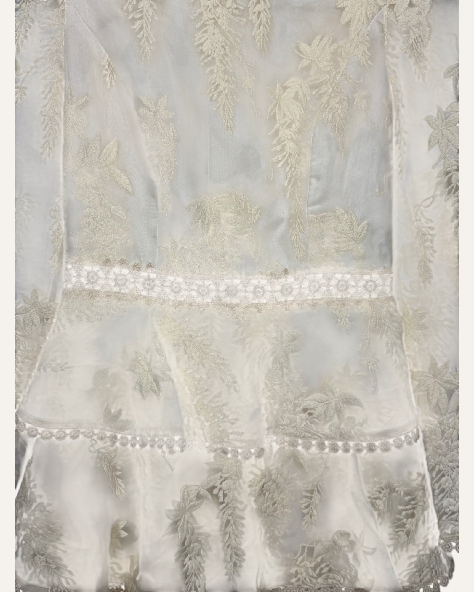 Zimmermann cream sheer brocade tiered ruffle mini dress with long sleeves and zip back