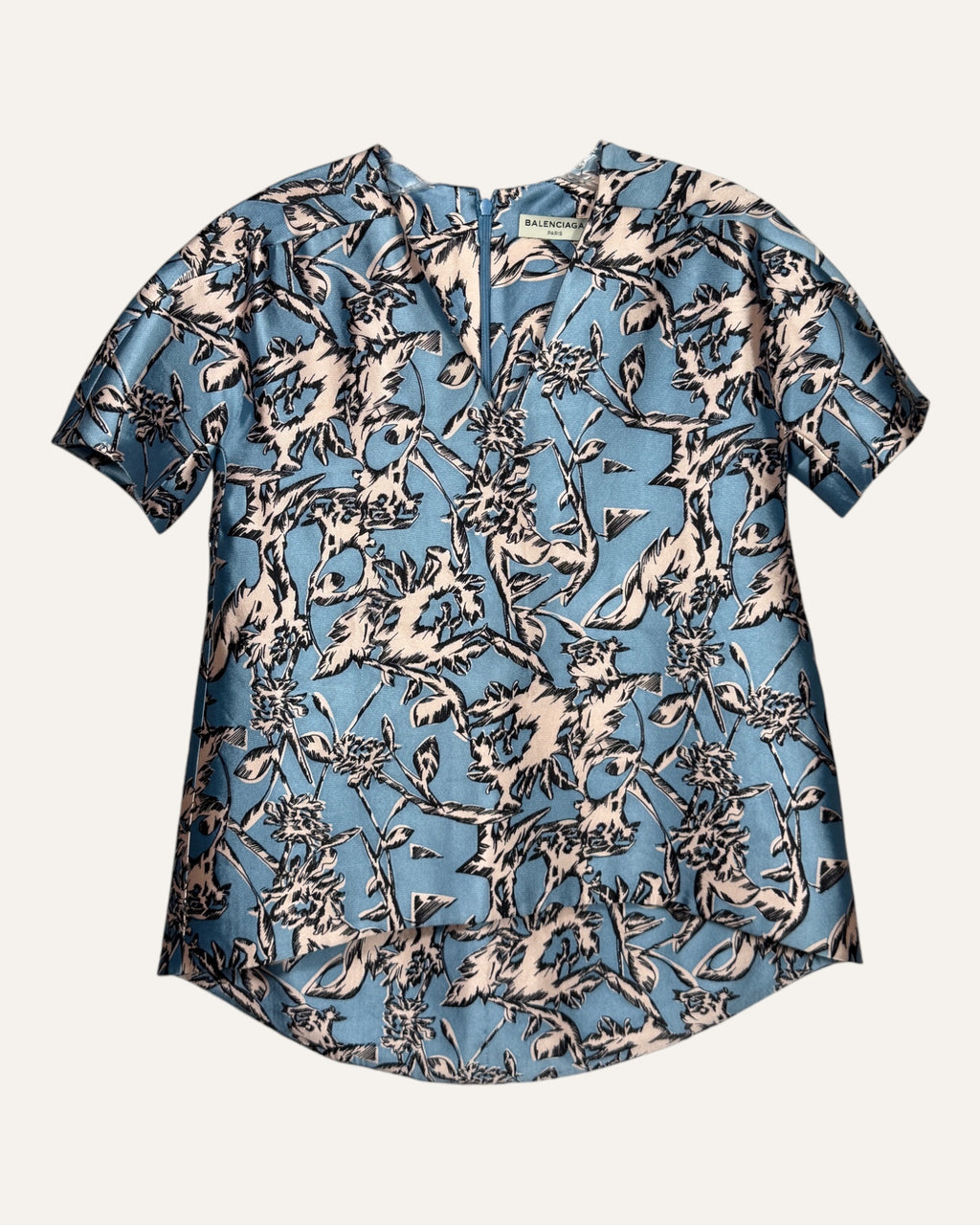 Balenciaga blue and blush botanical print blouse with high-low back hem