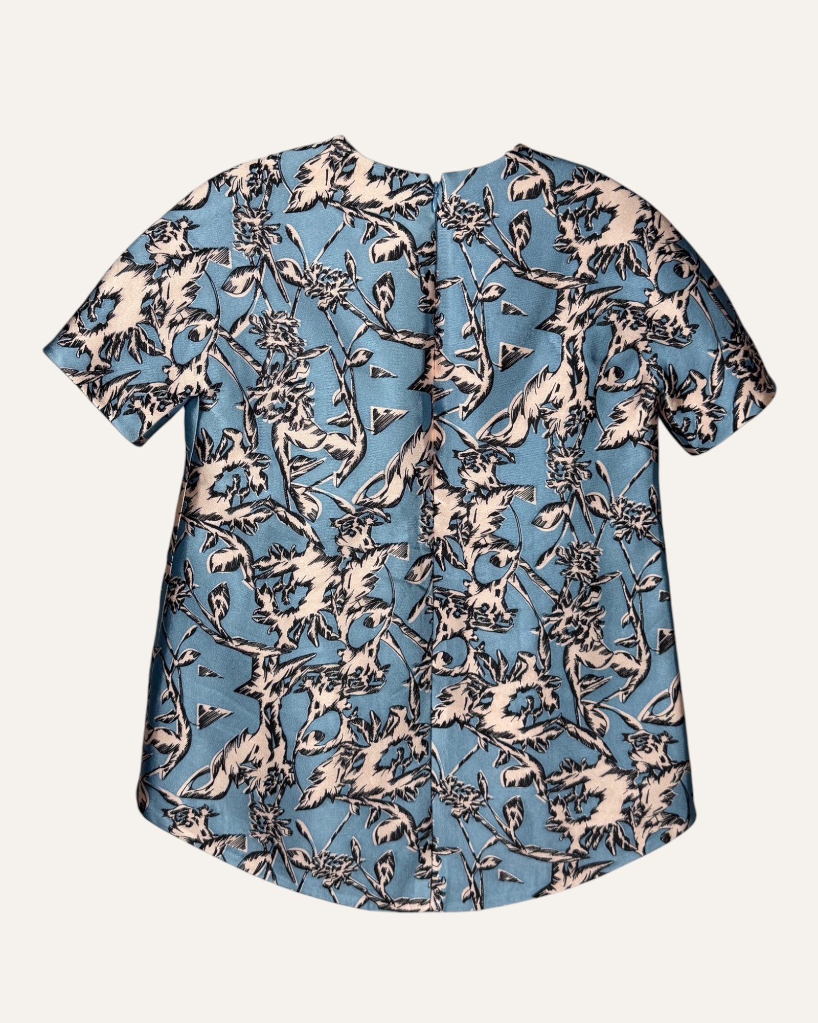 Balenciaga blue and blush botanical print blouse with high-low back hem