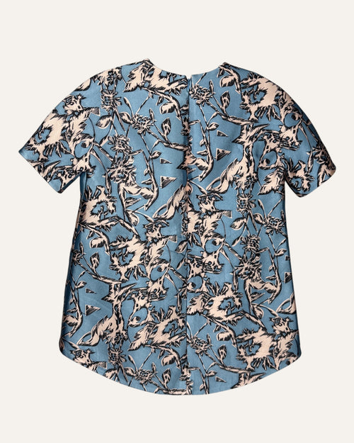 Balenciaga blue and blush botanical print blouse with high-low back hem