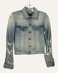 Saint Laurent light wash distressed denim fitted trucker jacket with ripped sleeves