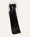 Rebecca Vallance Denise black sequin gown with rosette detail and spaghetti straps
