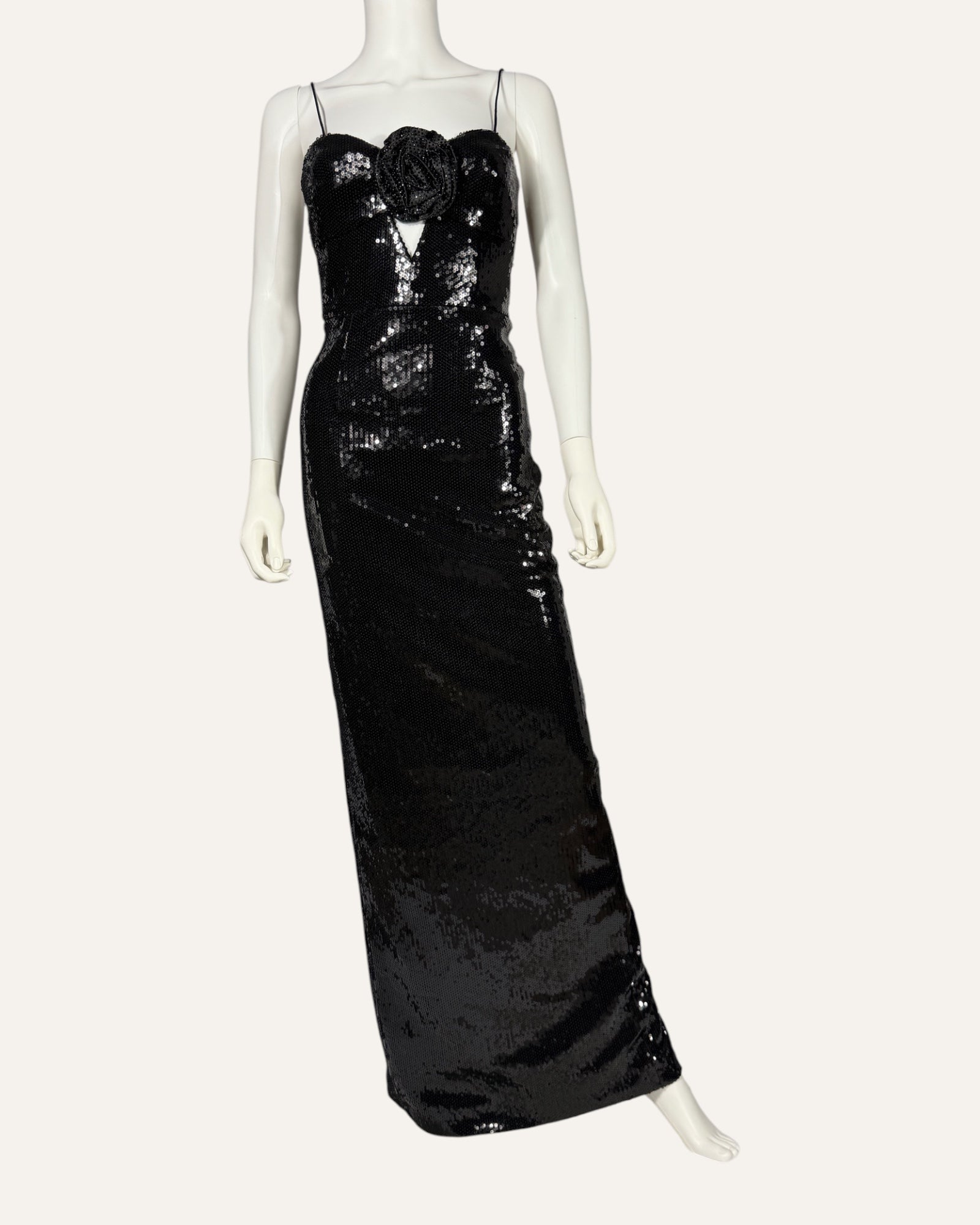 Rebecca Vallance Denise black sequin gown with rosette detail and spaghetti straps