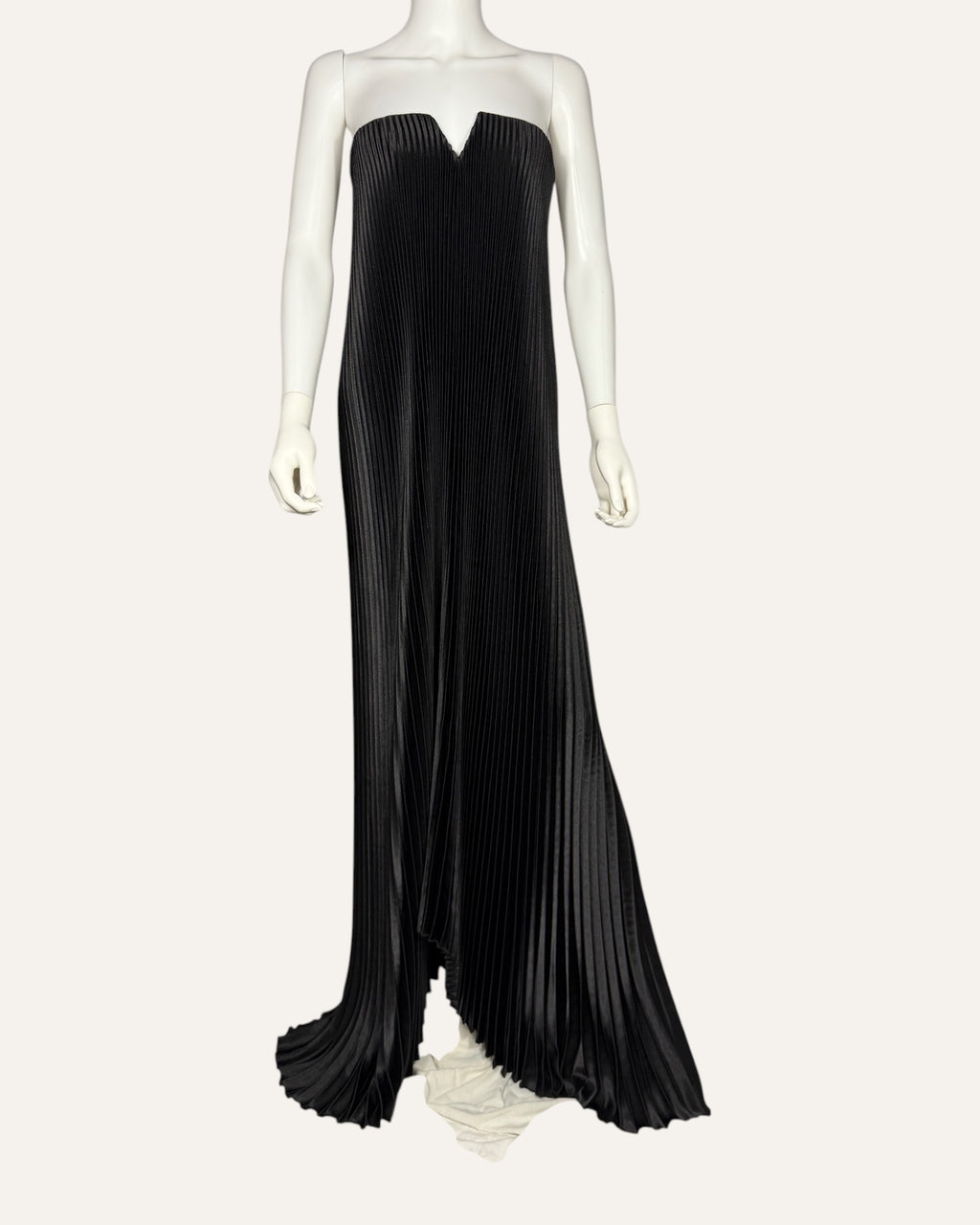 L'idée black pleated strapless gown with notched sweetheart neckline and flounce hem