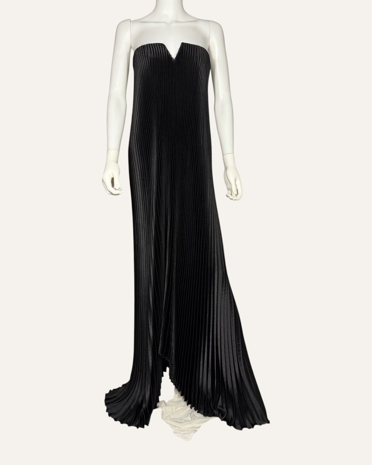 L'idée black pleated strapless gown with notched sweetheart neckline and flounce hem