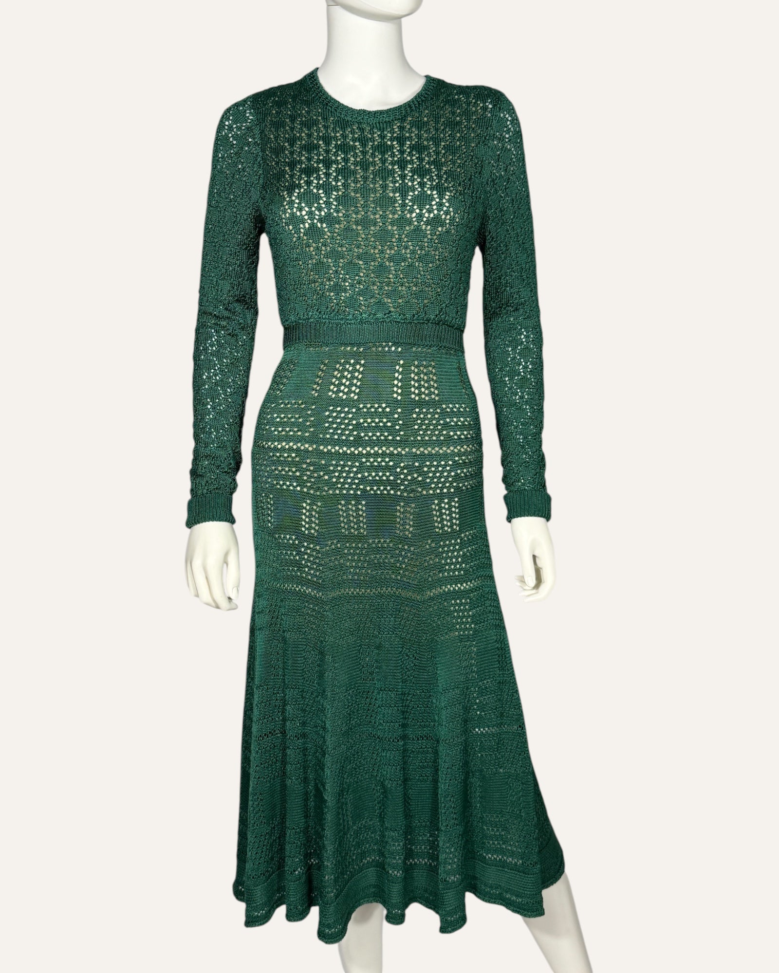 Oscar de la Renta emerald green pointelle knit midi dress with nude lining