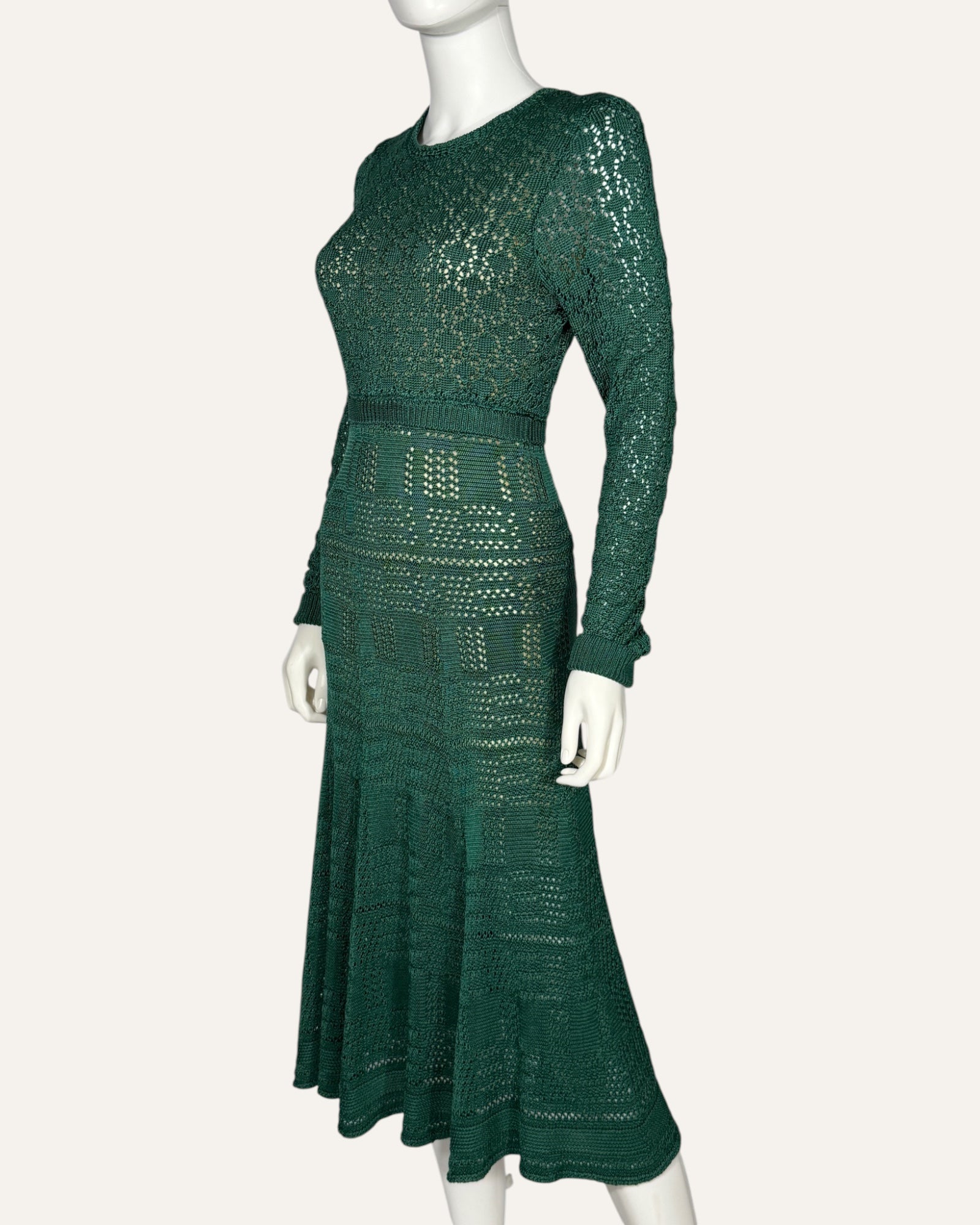 Oscar de la Renta emerald green pointelle knit midi dress with nude lining