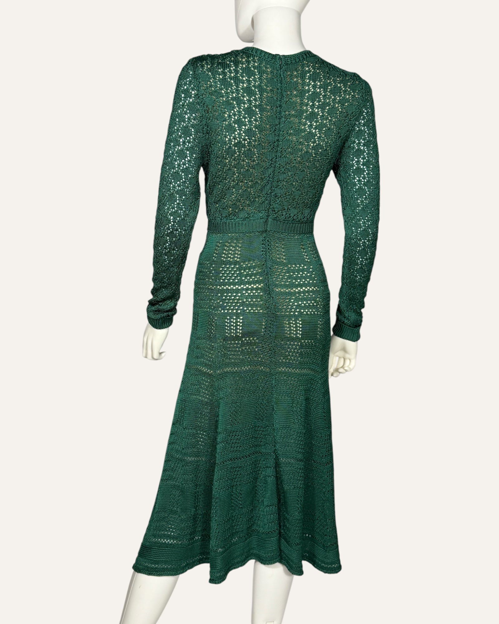 Oscar de la Renta emerald green pointelle knit midi dress with nude lining