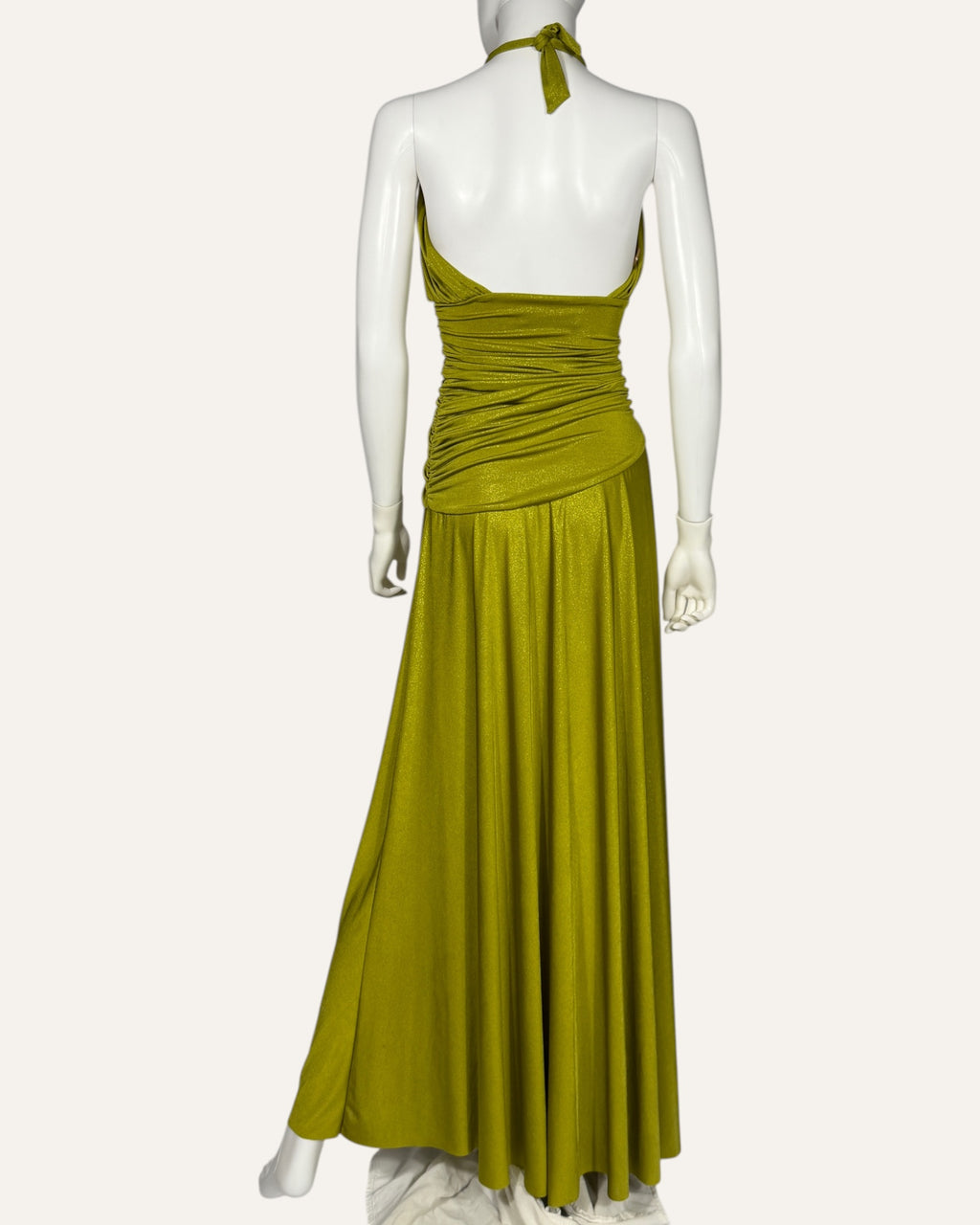 Pat BO olive green metallic halter gown with keyhole cutout and ruched bodice