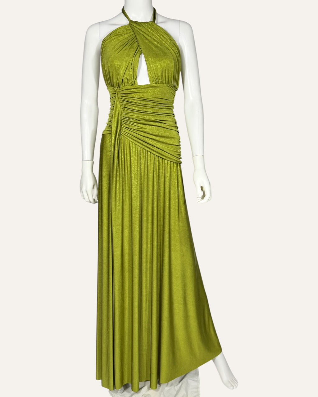 Pat BO olive green metallic halter gown with keyhole cutout and ruched bodice