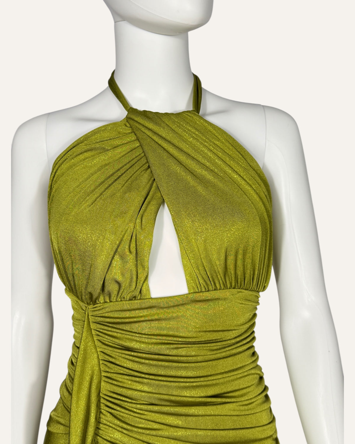 Pat BO olive green metallic halter gown with keyhole cutout and ruched bodice