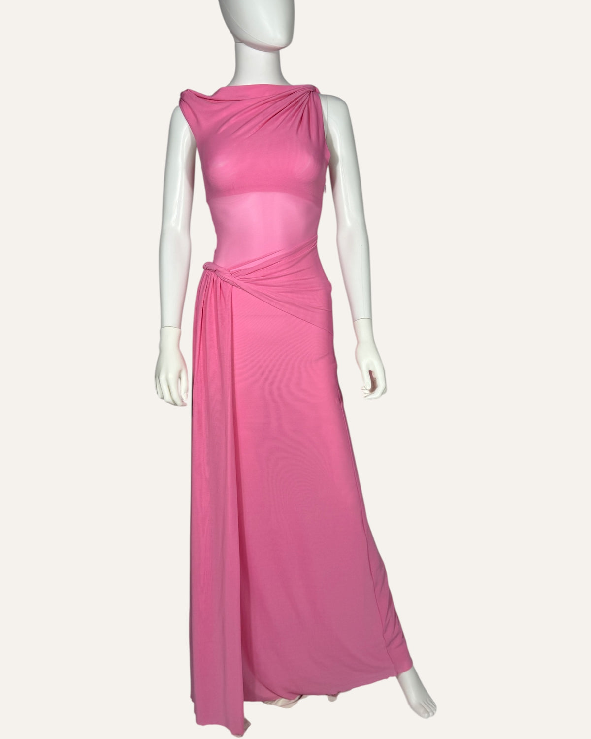 Misha bubblegum pink sheer mesh maxi dress with draped neckline and waist wrap