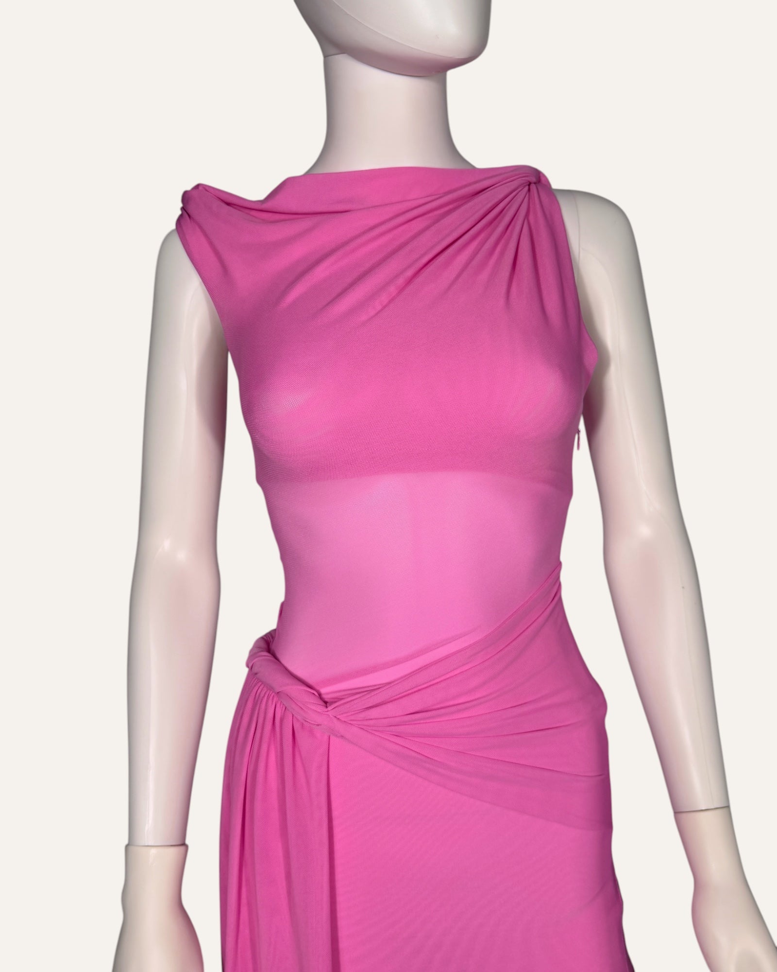 Misha bubblegum pink sheer mesh maxi dress with draped neckline and waist wrap