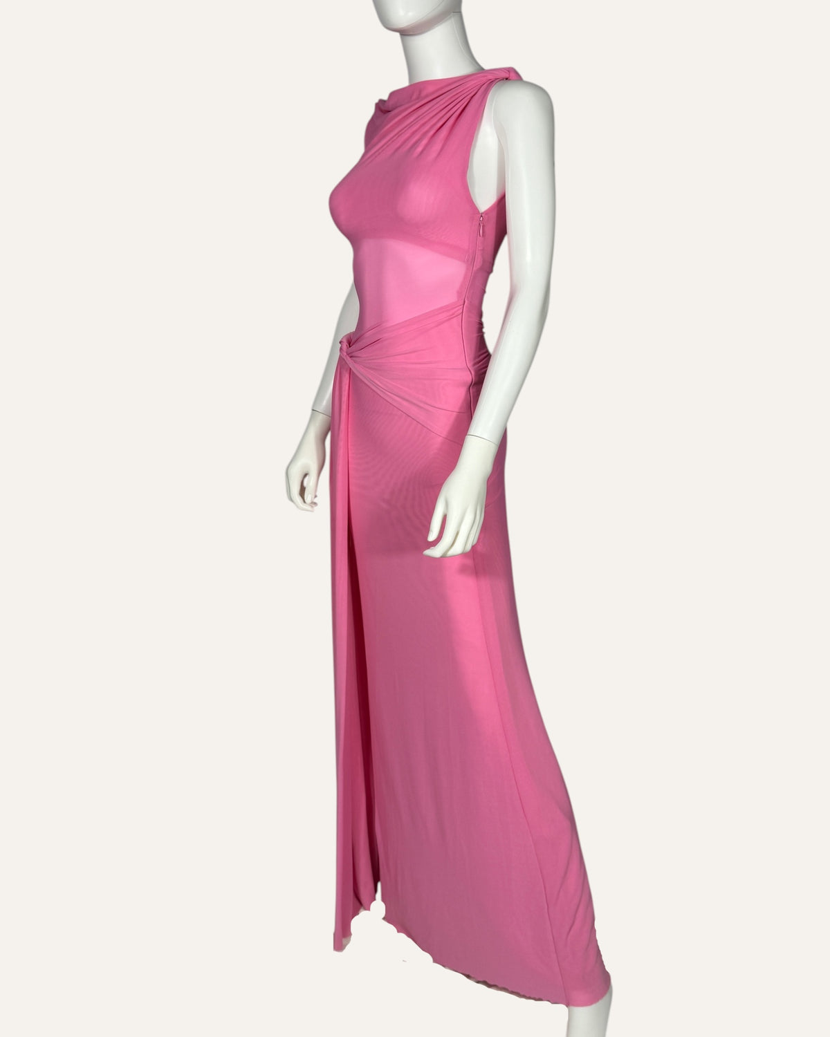 Misha bubblegum pink sheer mesh maxi dress with draped neckline and waist wrap