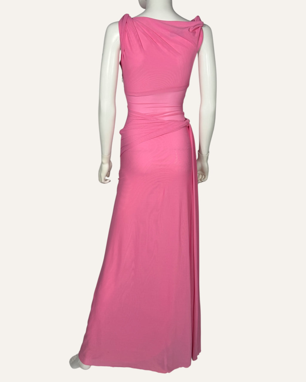 Misha bubblegum pink sheer mesh maxi dress with draped neckline and waist wrap