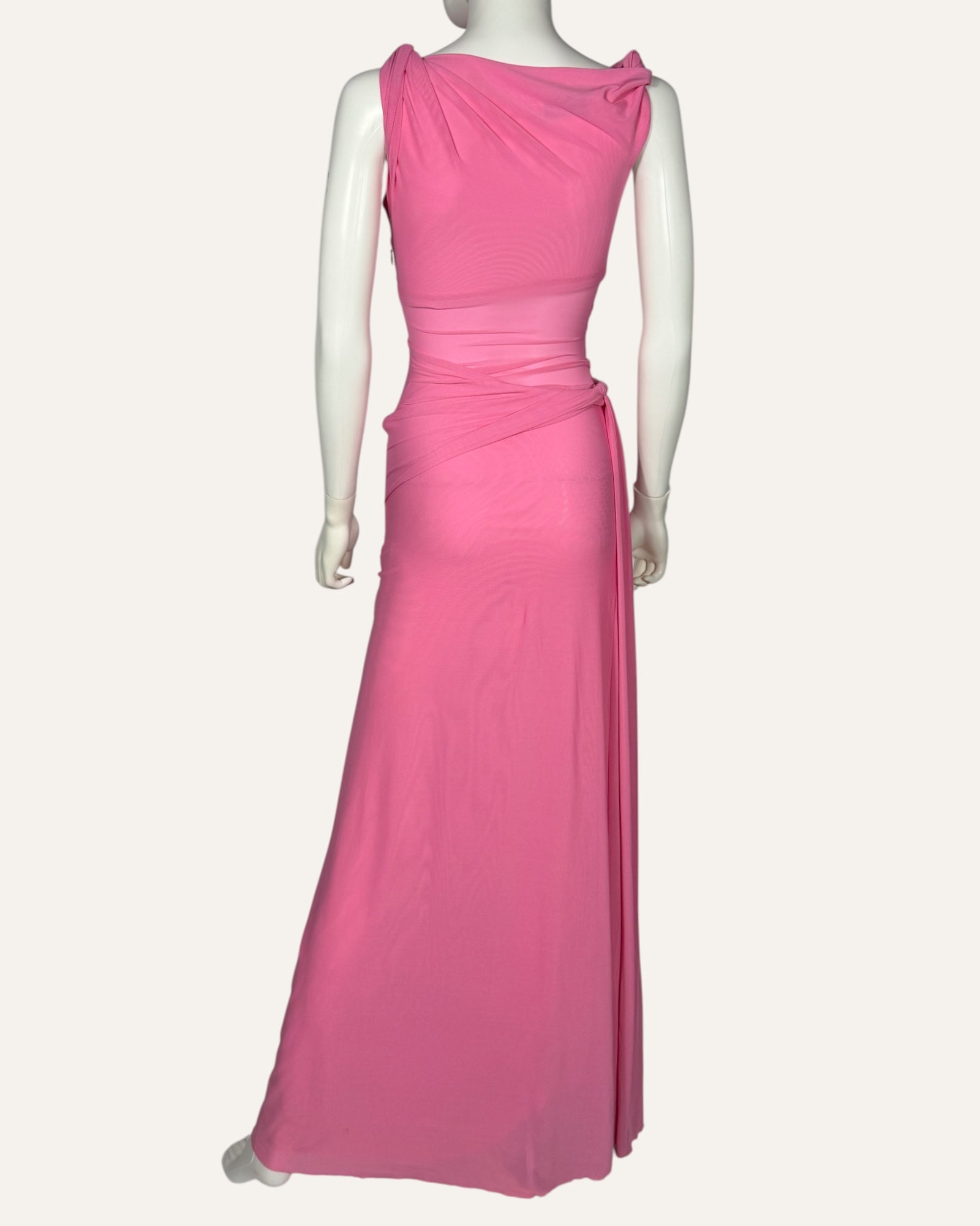 Misha bubblegum pink sheer mesh maxi dress with draped neckline and waist wrap