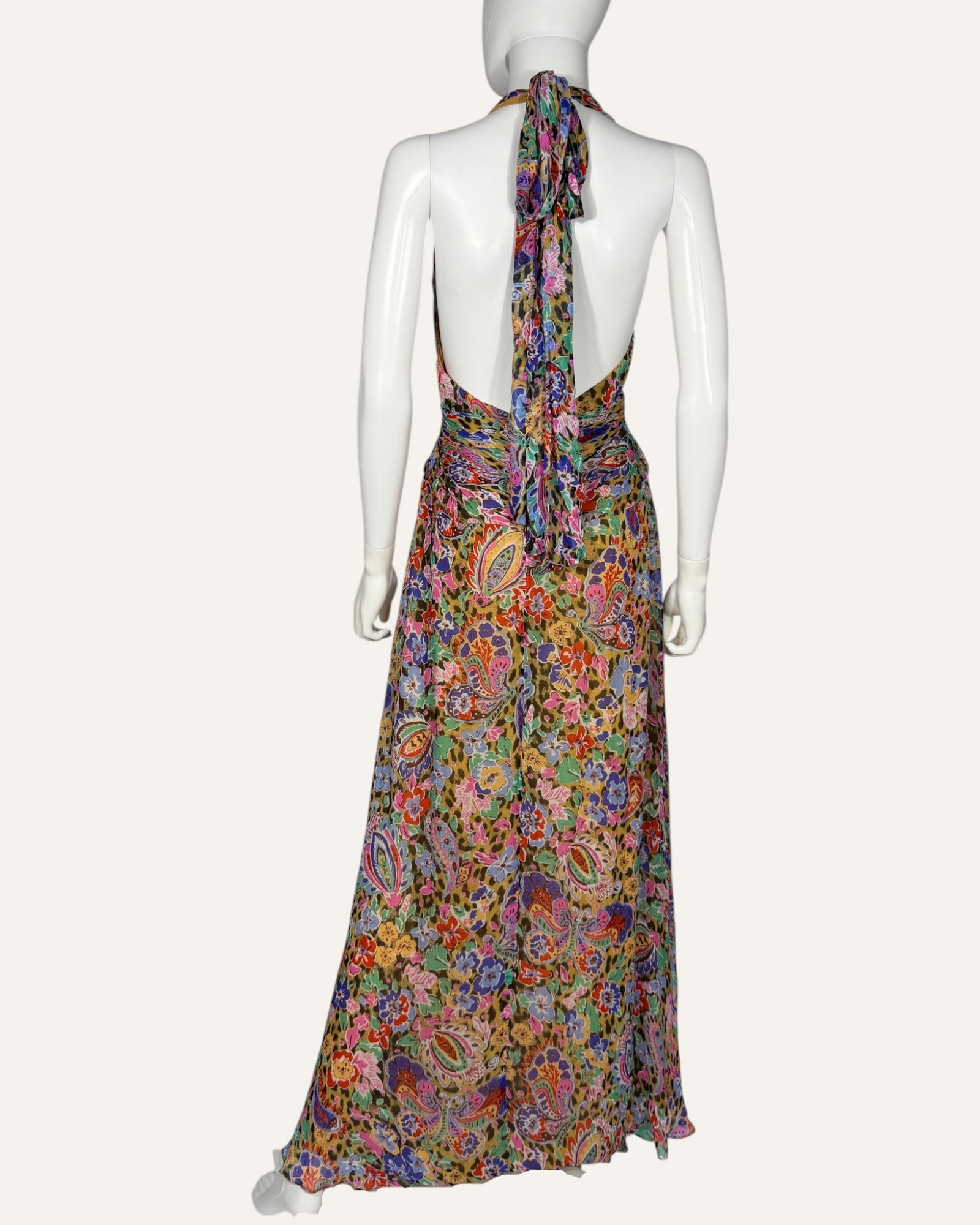 RIXO multicolor floral and leopard print chiffon halter maxi dress with front slit