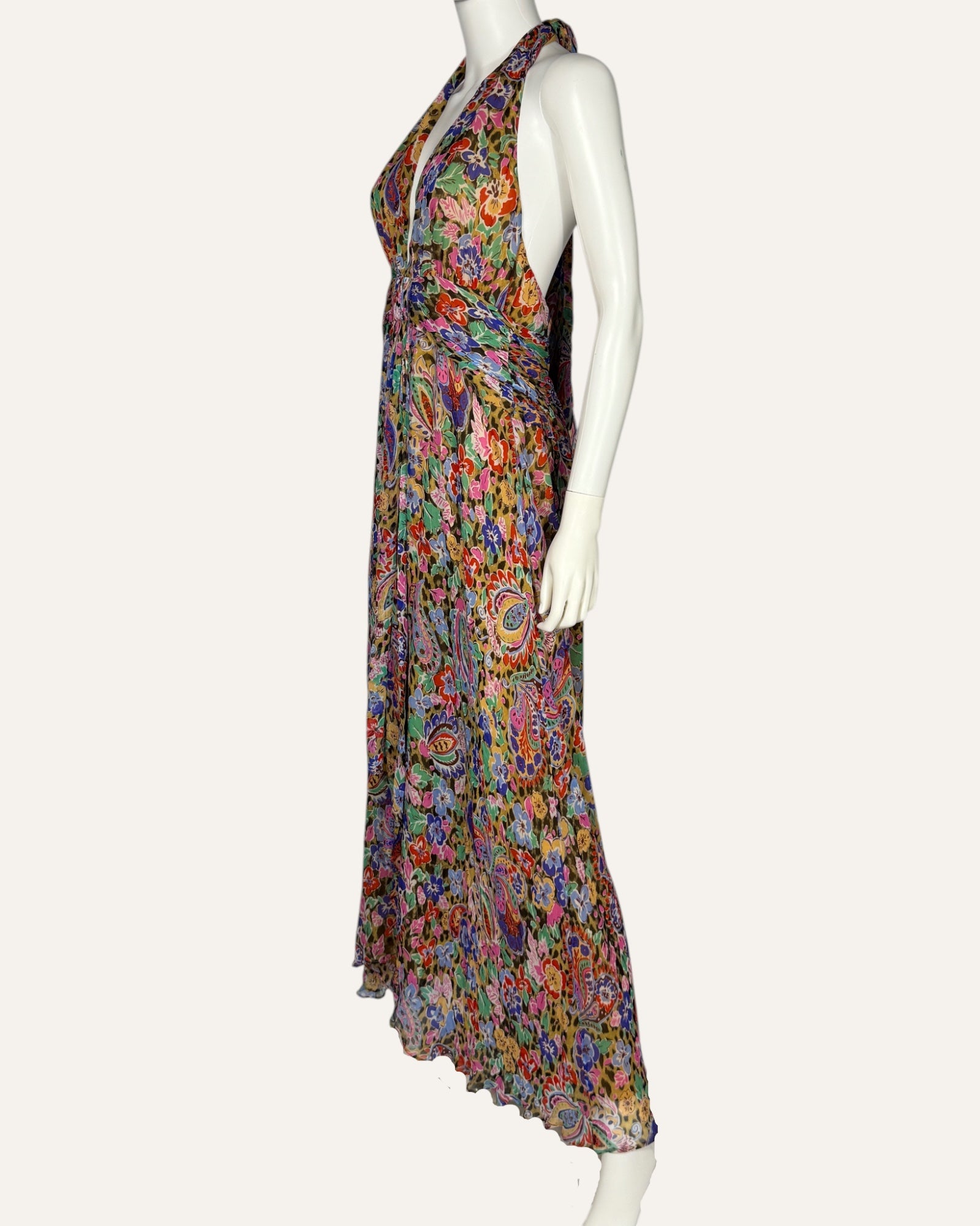 RIXO multicolor floral and leopard print chiffon halter maxi dress with front slit