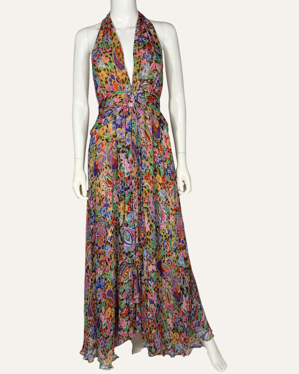 RIXO multicolor floral and leopard print chiffon halter maxi dress with front slit