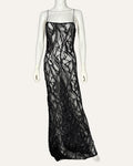Retrofête Winnie black sheer embellished lace column gown with spaghetti straps