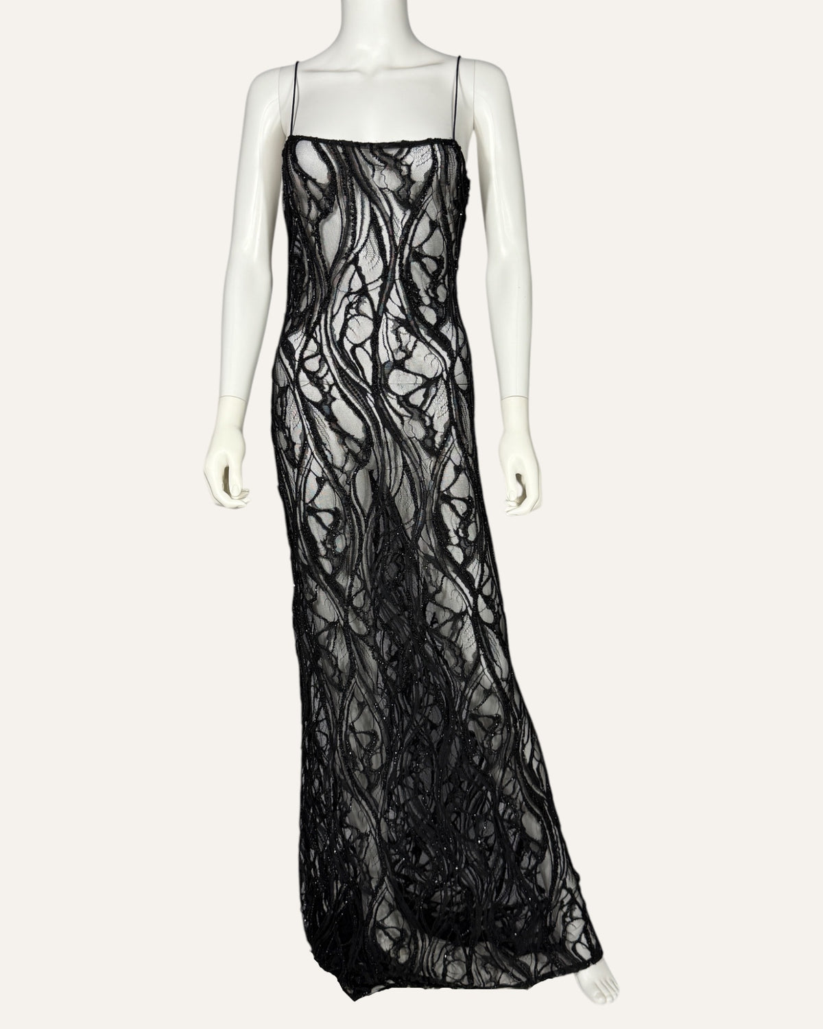 Retrofête Winnie black sheer embellished lace column gown with spaghetti straps