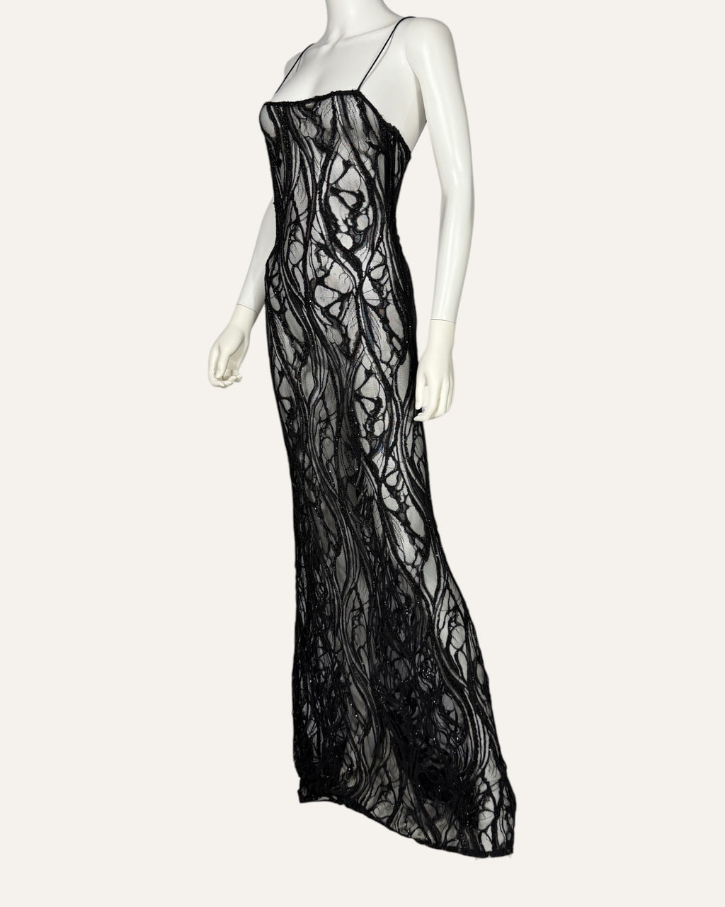 Retrofête Winnie black sheer embellished lace column gown with spaghetti straps