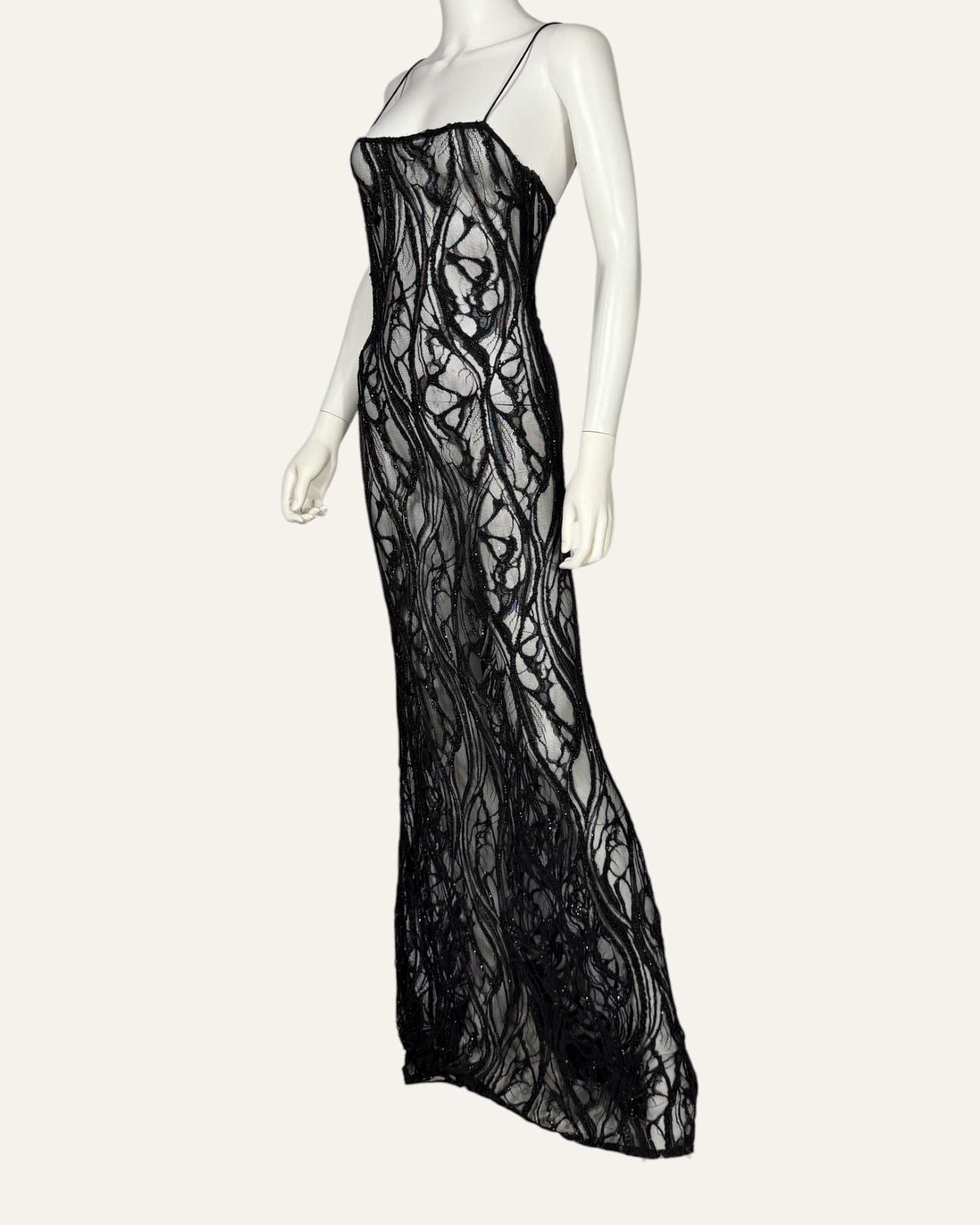 Retrofête Winnie black sheer embellished lace column gown with spaghetti straps