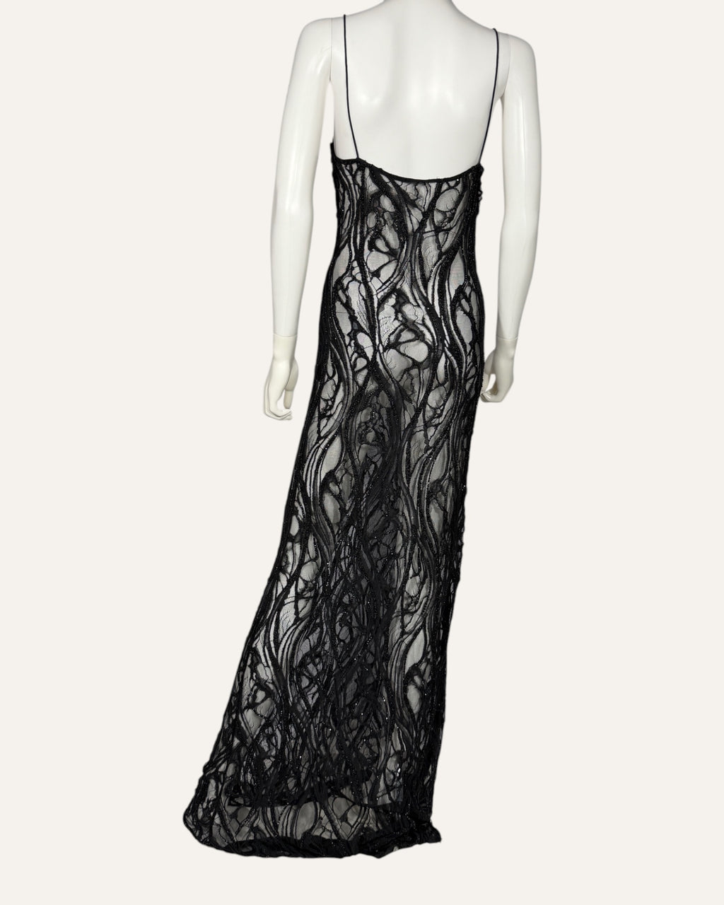 Retrofête Winnie black sheer embellished lace column gown with spaghetti straps