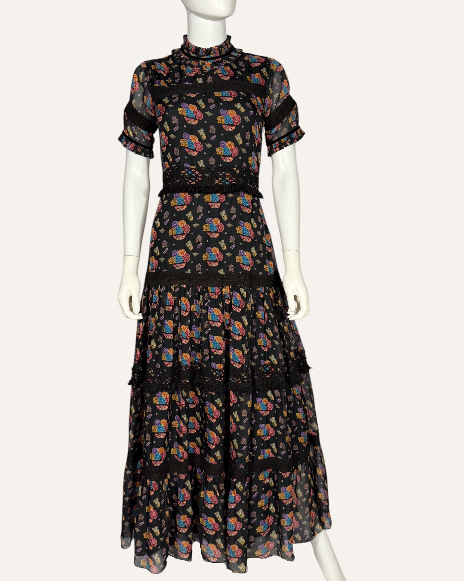 Carolina K black floral print tiered maxi dress with ruffled mockneck and lace trim
