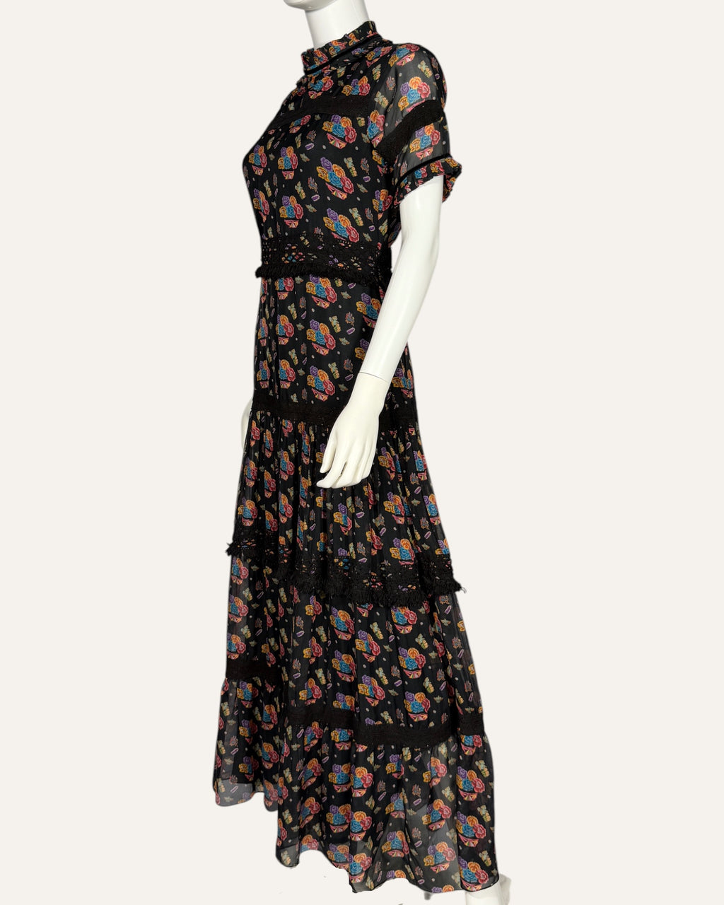 Carolina K black floral print tiered maxi dress with ruffled mockneck and lace trim