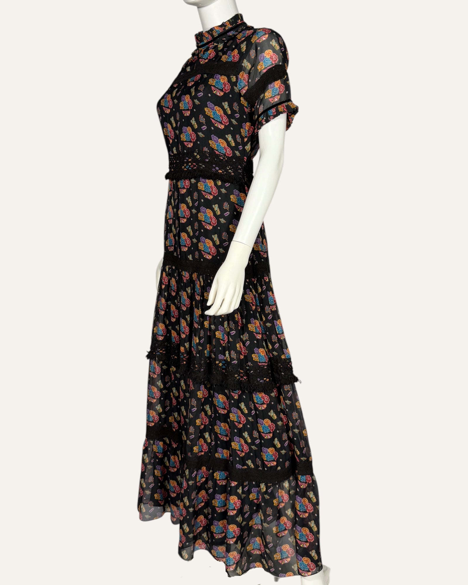 Carolina K black floral print tiered maxi dress with ruffled mockneck and lace trim
