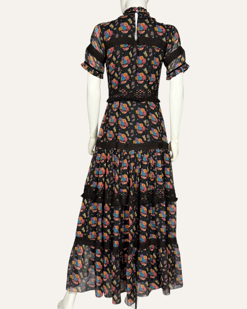 Carolina K black floral print tiered maxi dress with ruffled mockneck and lace trim
