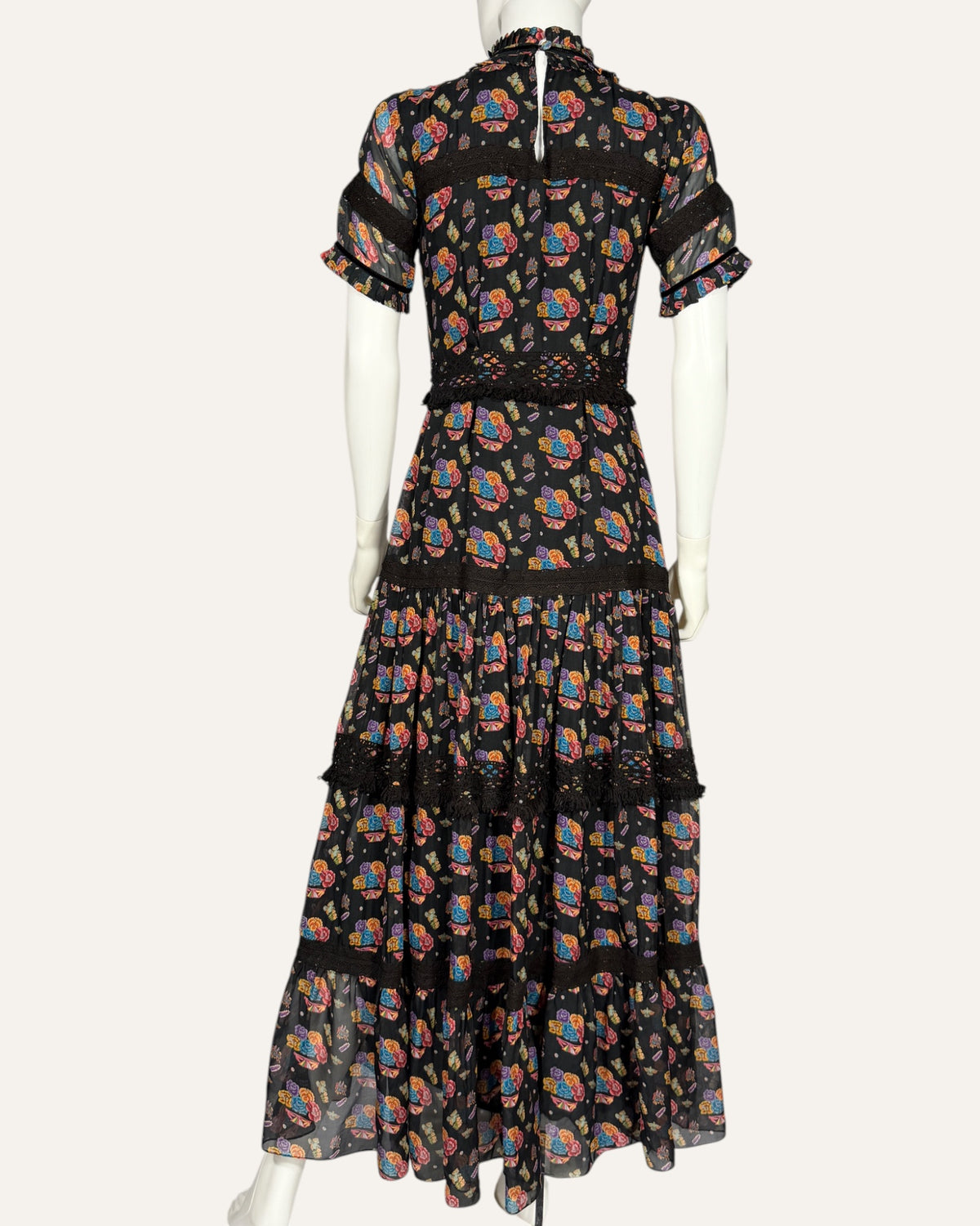 Carolina K black floral print tiered maxi dress with ruffled mockneck and lace trim
