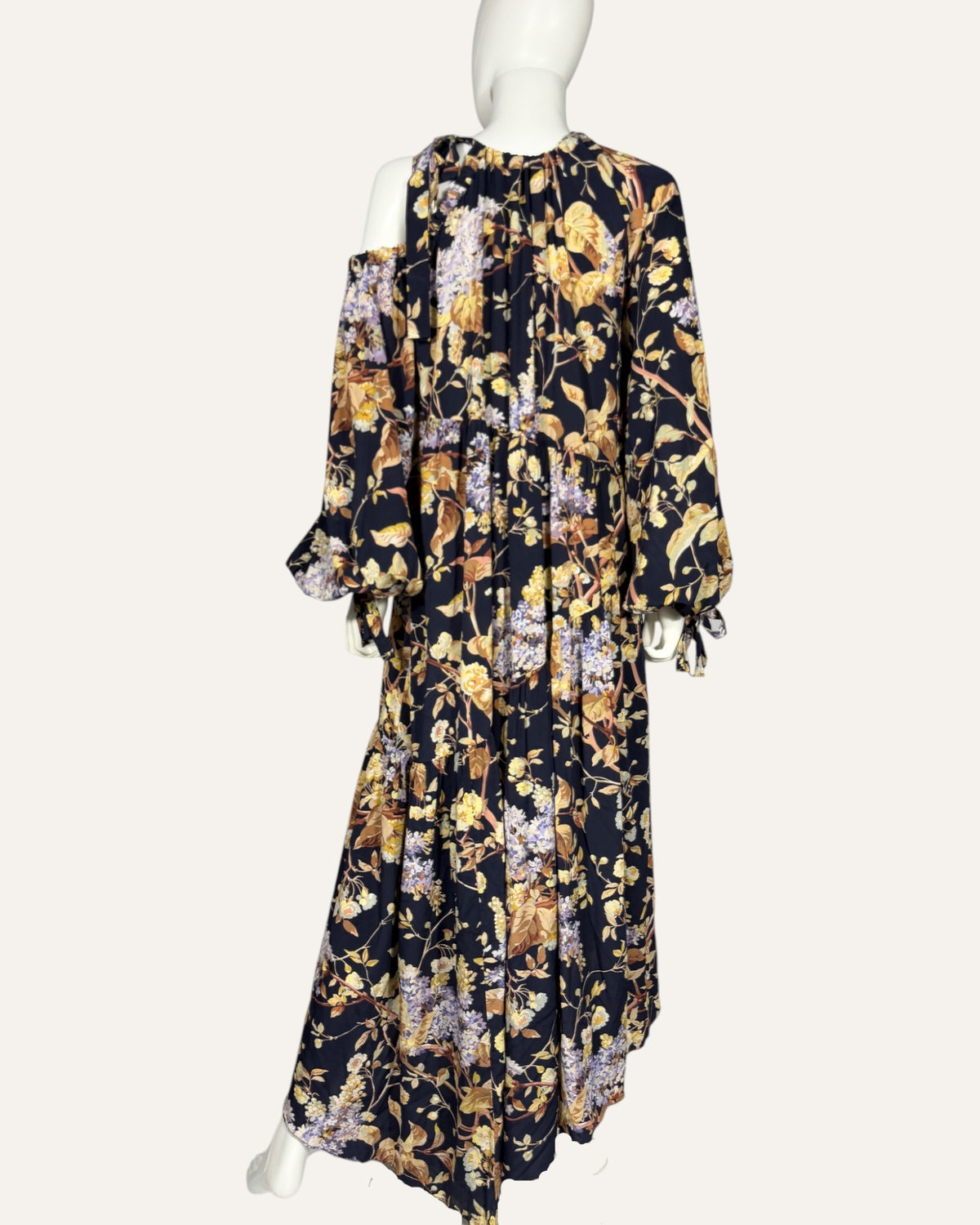 Zimmermann navy floral oversized maxi gown with cold-shoulder cutouts and tie-cuff sleeves