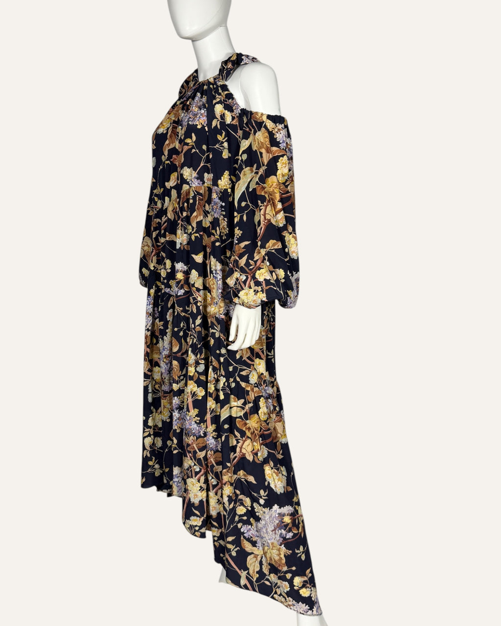 Zimmermann navy floral oversized maxi gown with cold-shoulder cutouts and tie-cuff sleeves