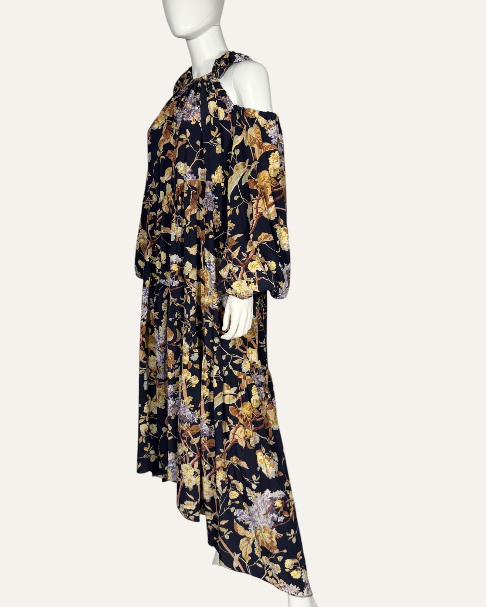 Zimmermann navy floral oversized maxi gown with cold-shoulder cutouts and tie-cuff sleeves