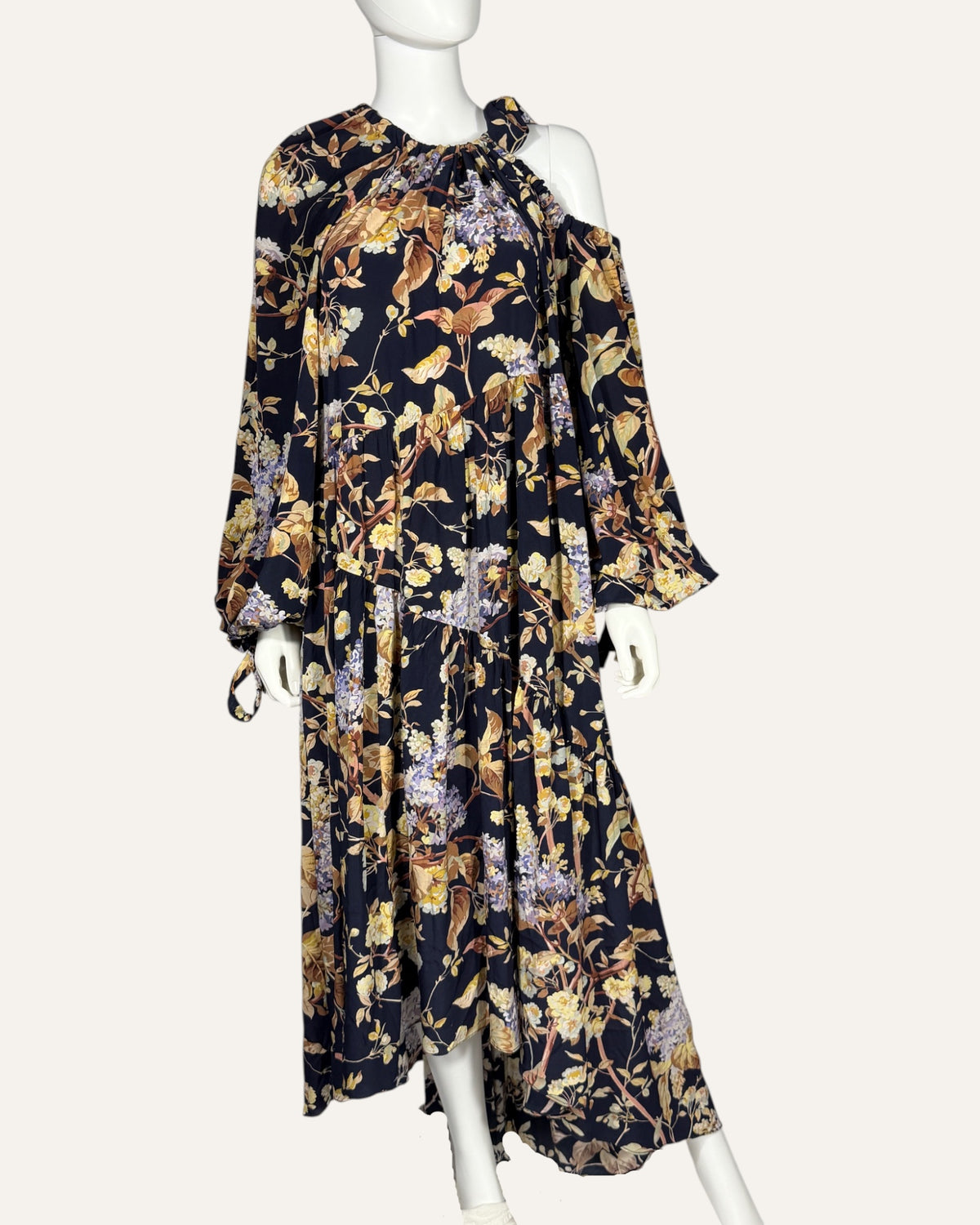 Zimmermann navy floral oversized maxi gown with cold-shoulder cutouts and tie-cuff sleeves