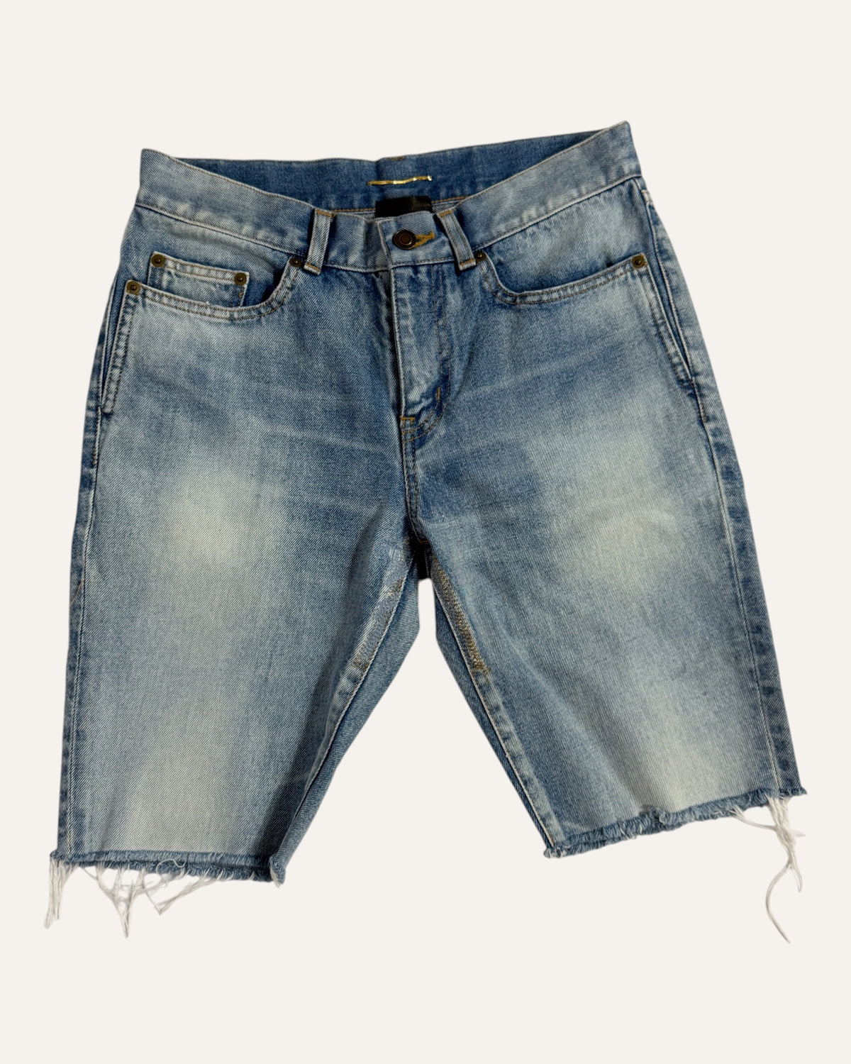 Saint Laurent mid-wash denim cutoff shorts with raw frayed hem