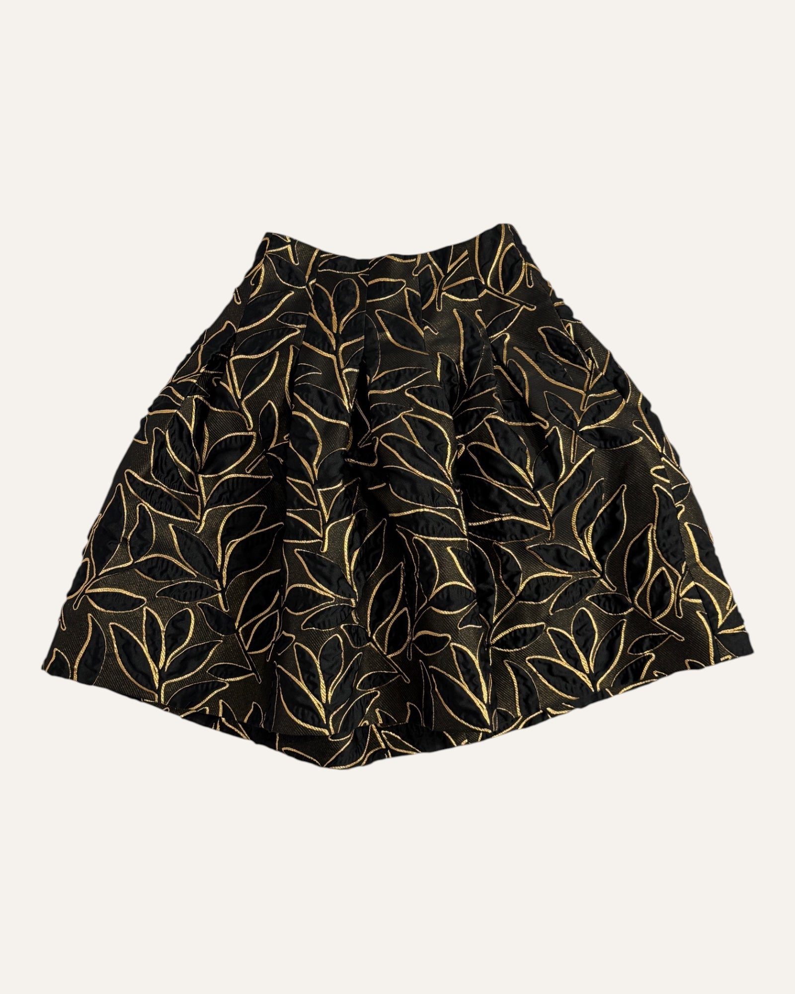Oscar de la Renta black and gold leaf jacquard pleated bubble skirt