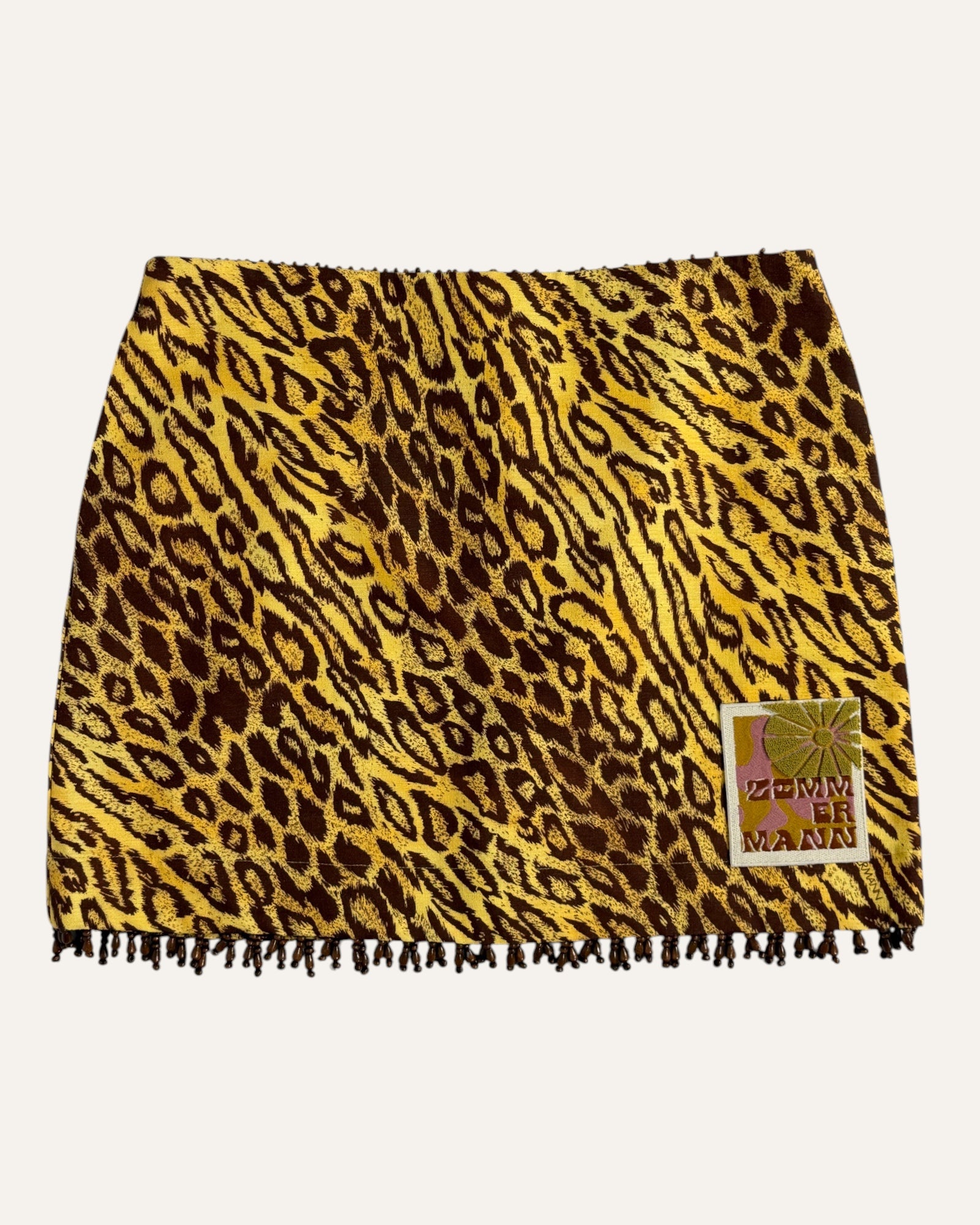 Zimmermann yellow and brown leopard print mini skirt with beaded fringe hem