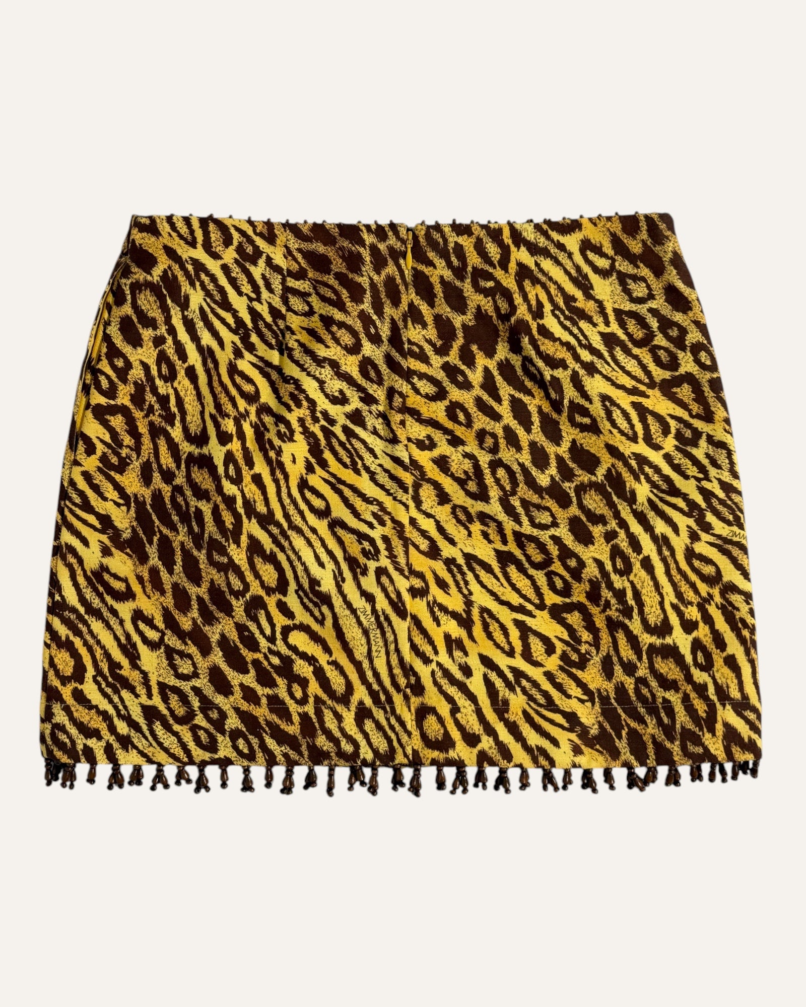 Zimmermann yellow and brown leopard print mini skirt with beaded fringe hem