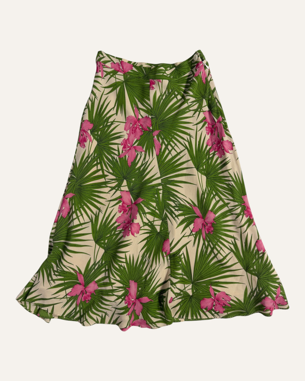 Vintage Celine silk A-line skirt with green palm frond and pink orchid print