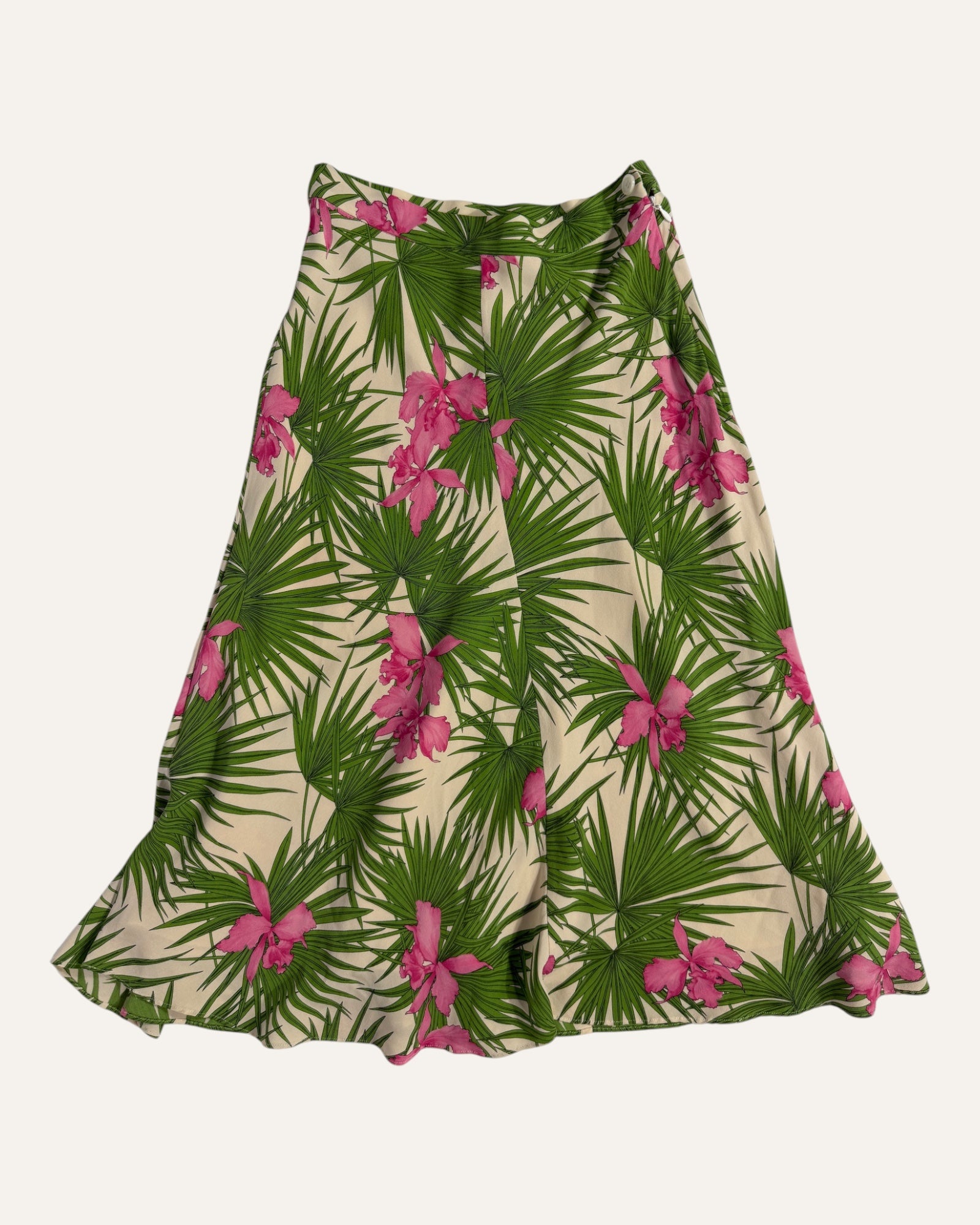Vintage Celine silk A-line skirt with green palm frond and pink orchid print