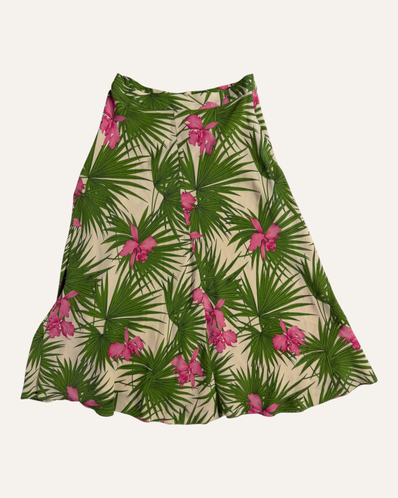 Vintage Celine silk A-line skirt with green palm frond and pink orchid print