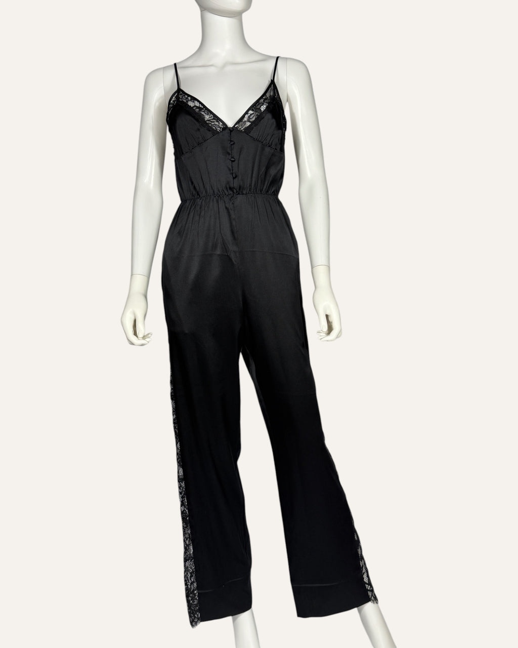Fleur du Mal black silk jumpsuit with lace trim and wide-leg trousers