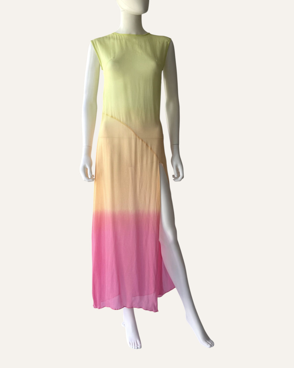S-W-F- sheer green, orange, and pink ombré maxi dress with high side slit