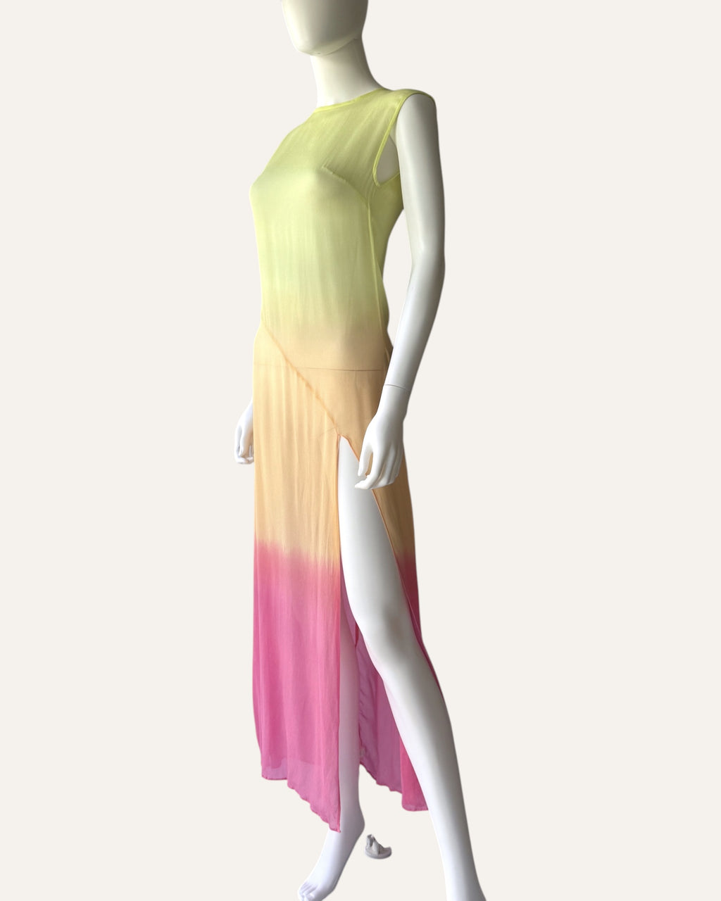 S-W-F- sheer green, orange, and pink ombré maxi dress with high side slit