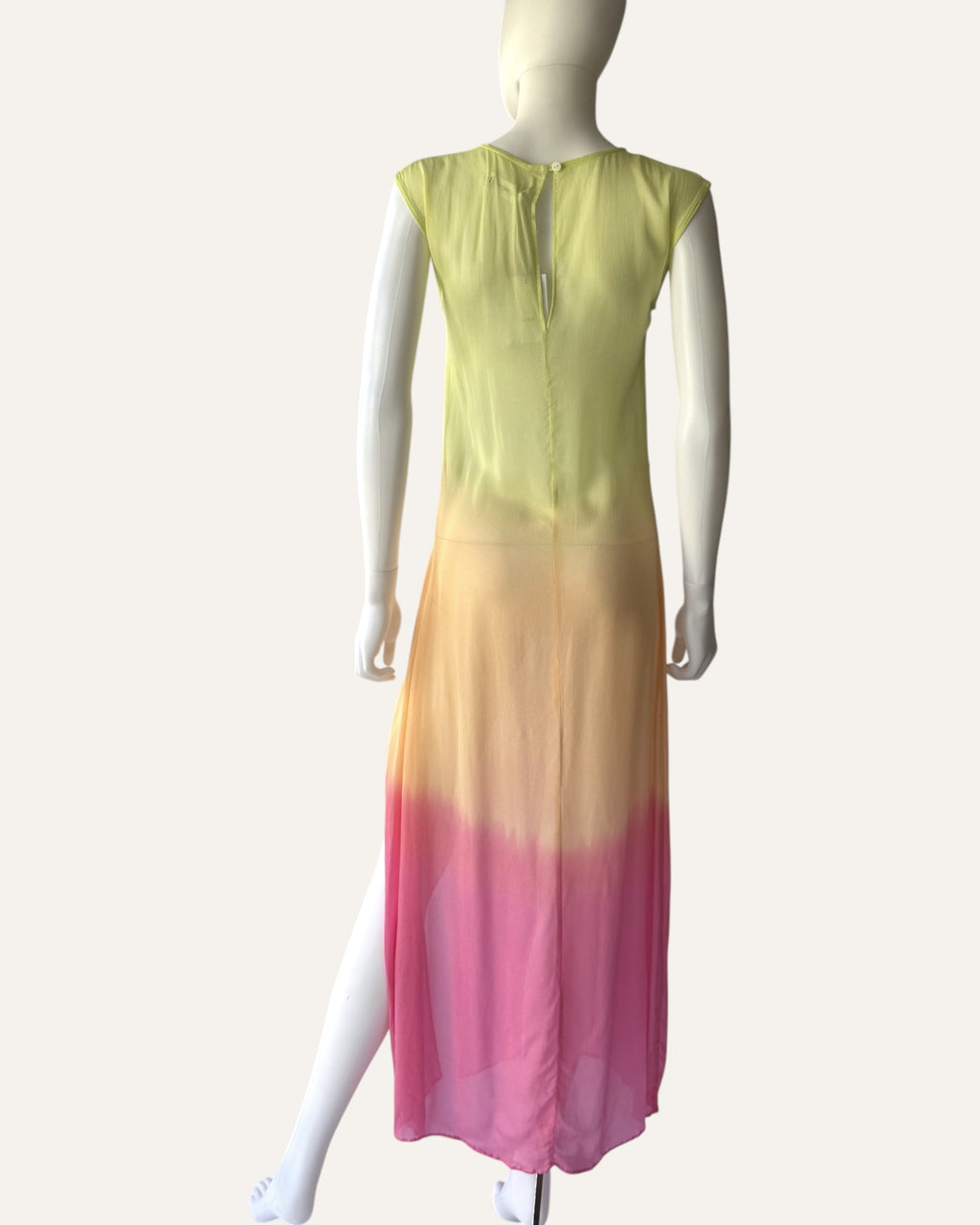 S-W-F- sheer green, orange, and pink ombré maxi dress with high side slit
