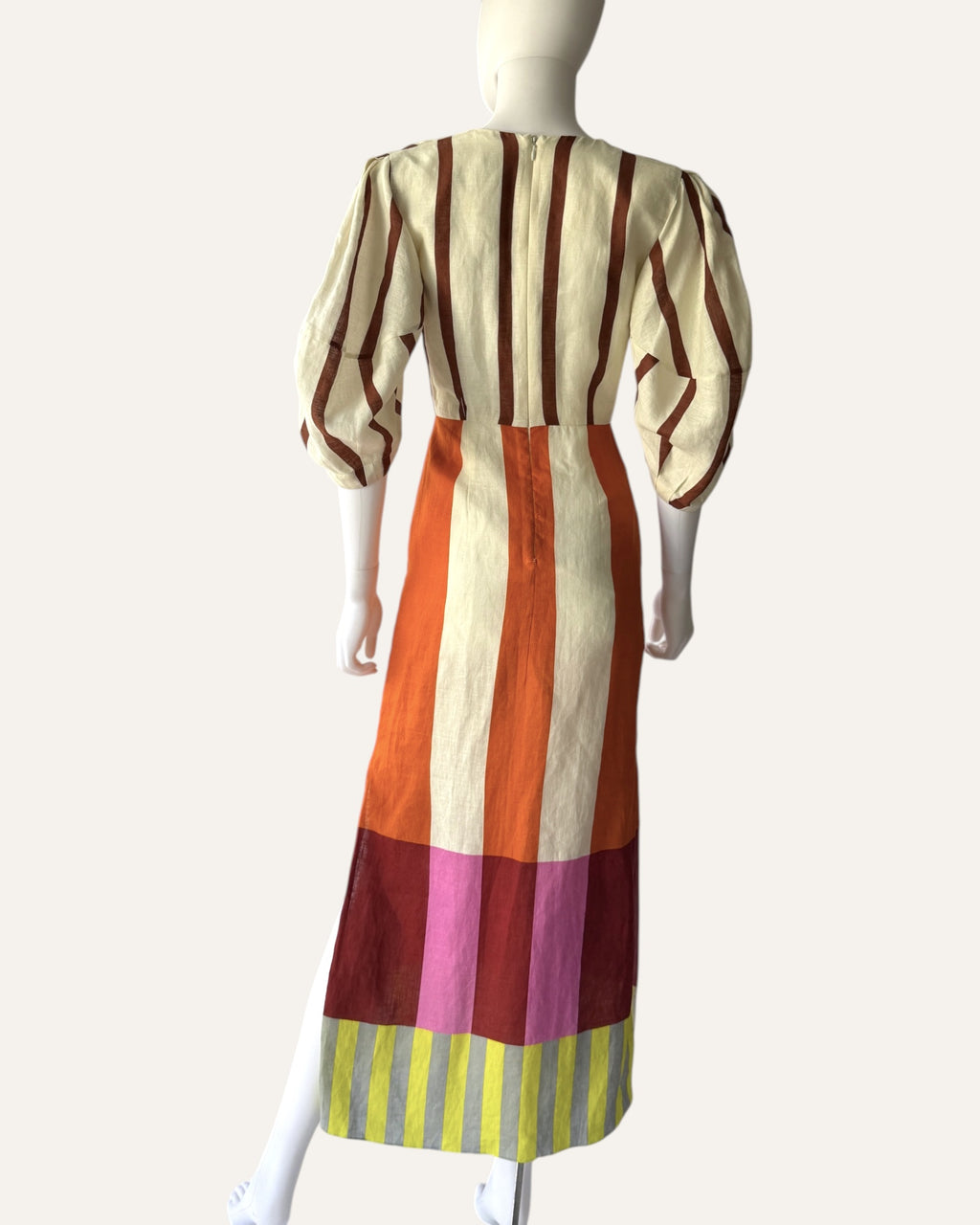 Cala de la Cruz Gia dress in Bangle Multi striped linen with puff sleeves