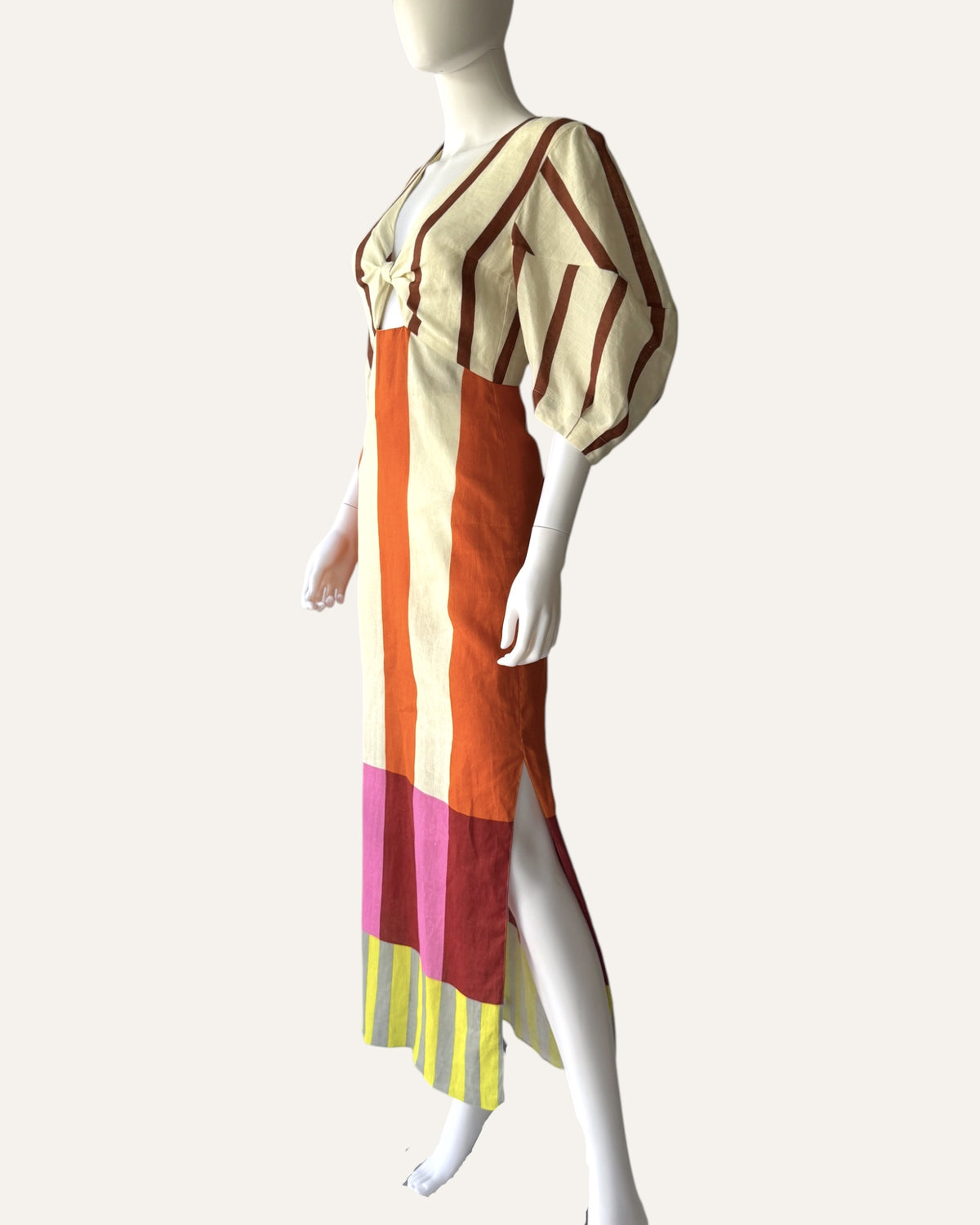Cala de la Cruz Gia dress in Bangle Multi striped linen with puff sleeves